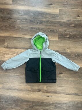 Columbia Toddler Rain Jacket lined hooded zip front black, gray, green size 3T.